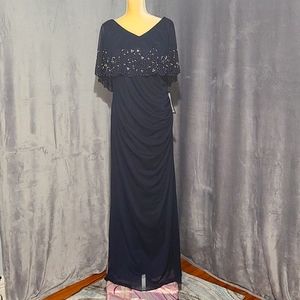 B&A by Betsy & Adam Navy Blue Beaded Sleeve Low Back Evening Gown Size US14